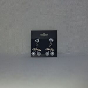 Elegant Silver Tone, Rhinestone and Faux White Pearl Cherry Earrings